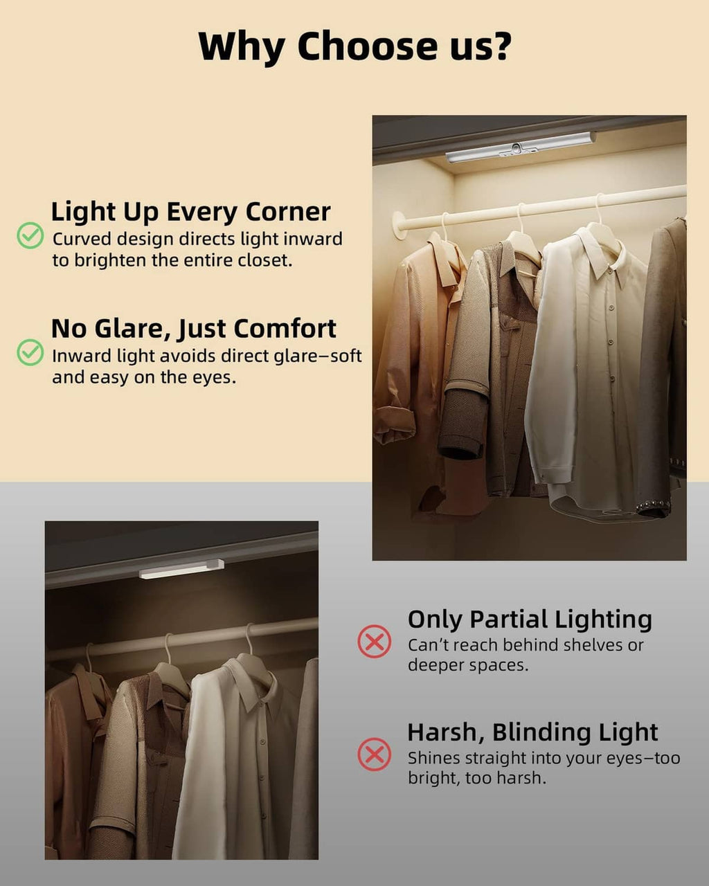 Under-shelf LED closet light bar with motion sensor casting inward illumination