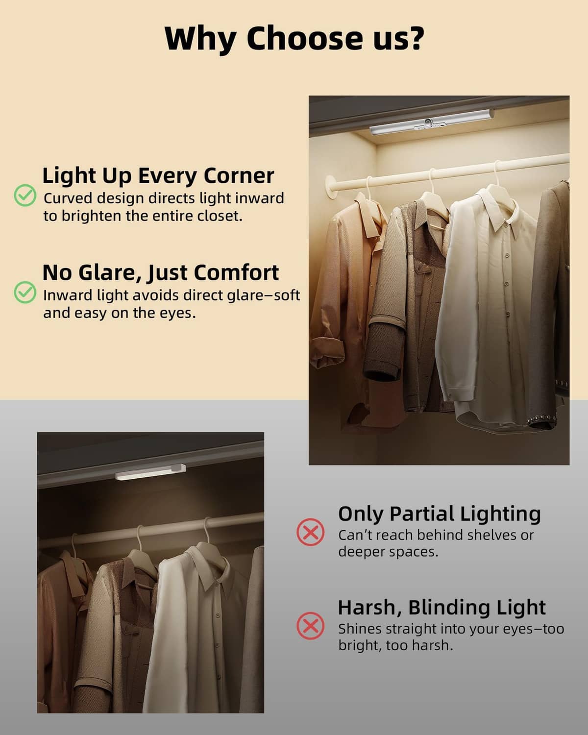 Under-shelf LED closet light bar with motion sensor casting inward illumination