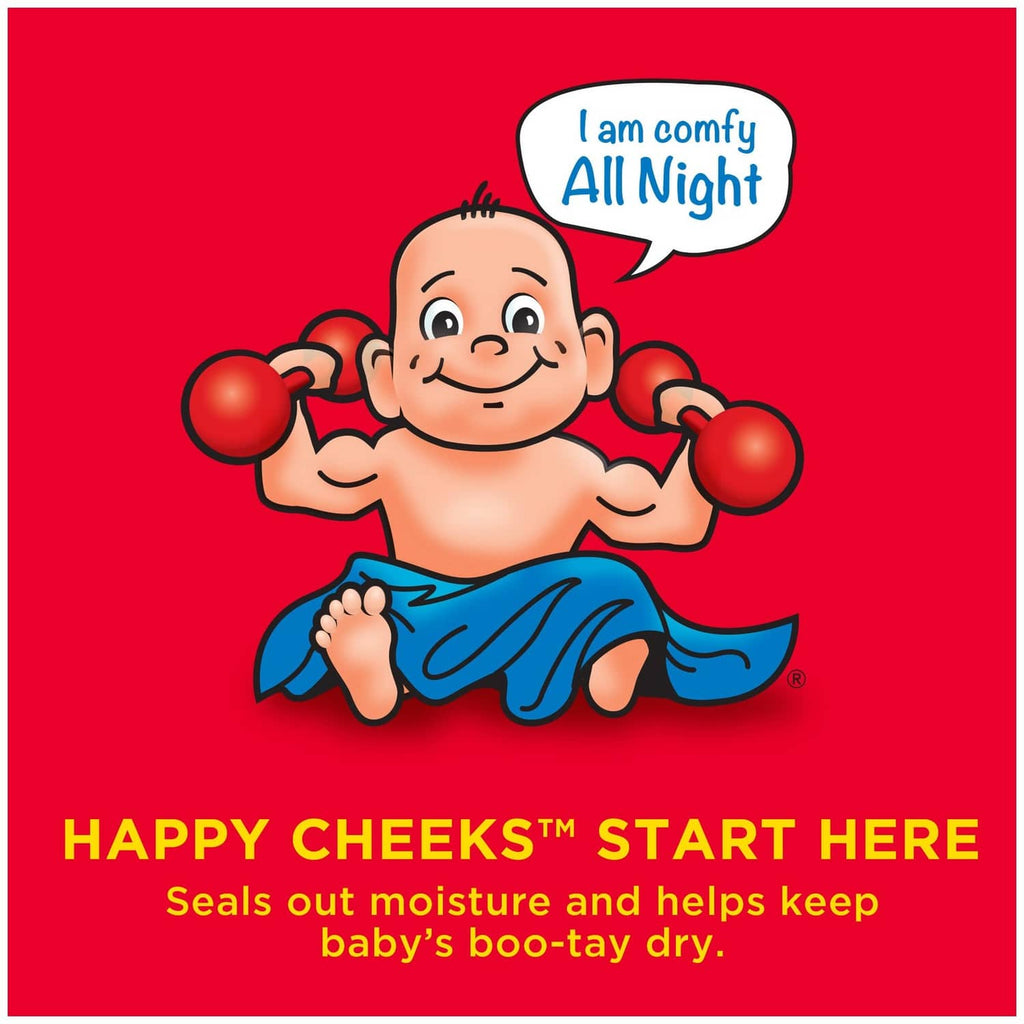 Diaper rash cream label with smiling baby illustration and Happy Cheeks text