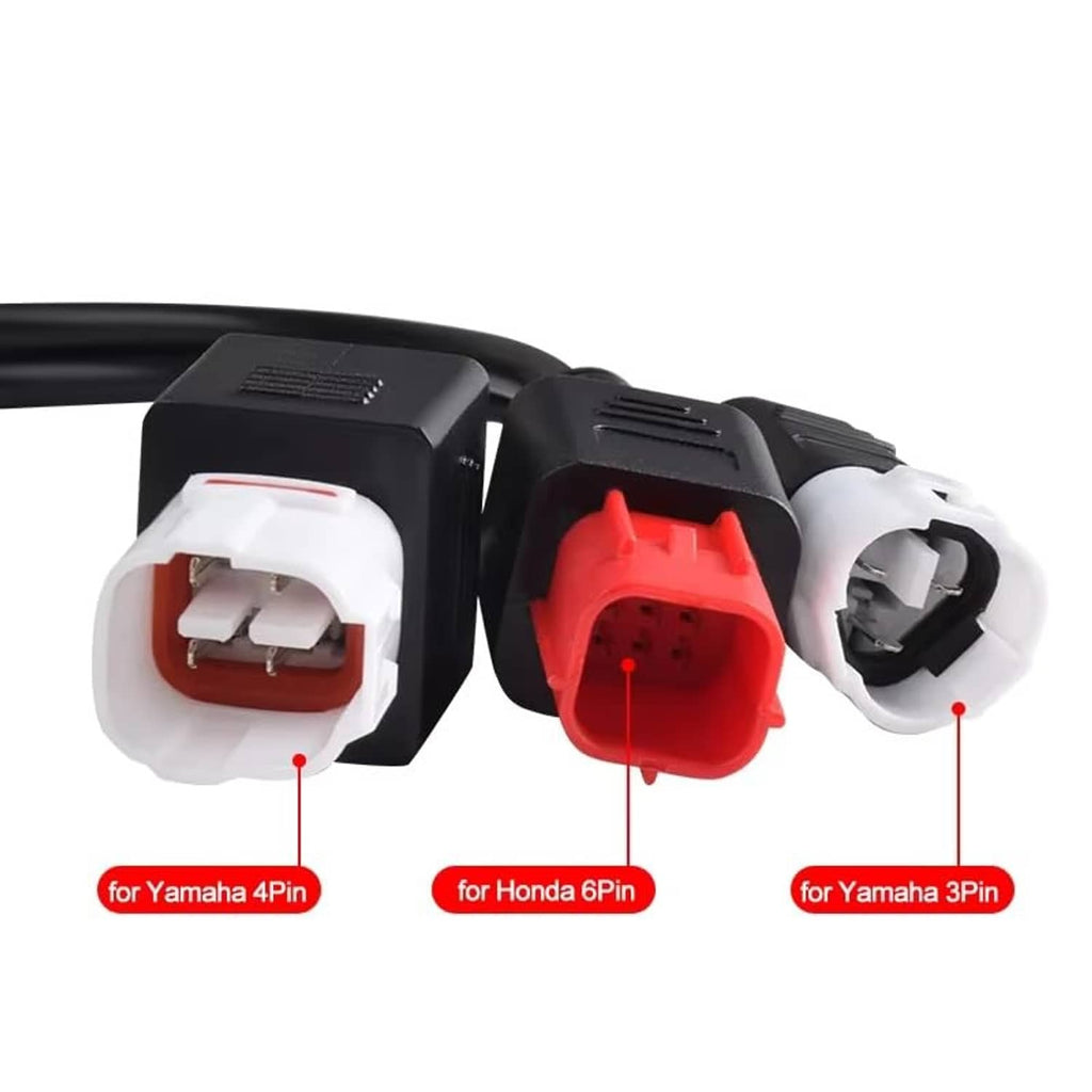 Motorcycle diagnostic adapter cable showing three connector heads with red and white ports
