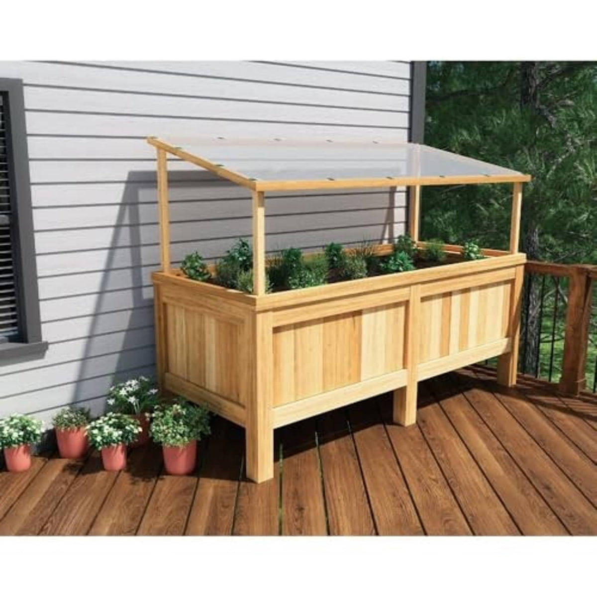 Garden plant shade cloth canopy over raised planter, translucent gray