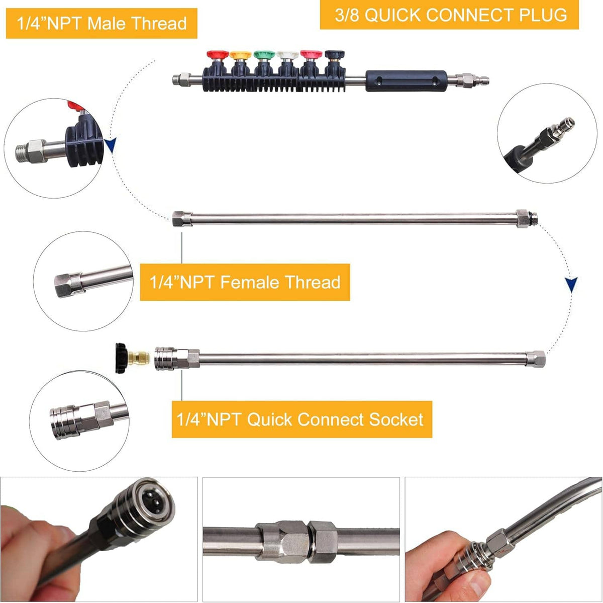 Pressure washer extension wand with 1/4" NPT threads and 3/8 quick-connect plug fittings