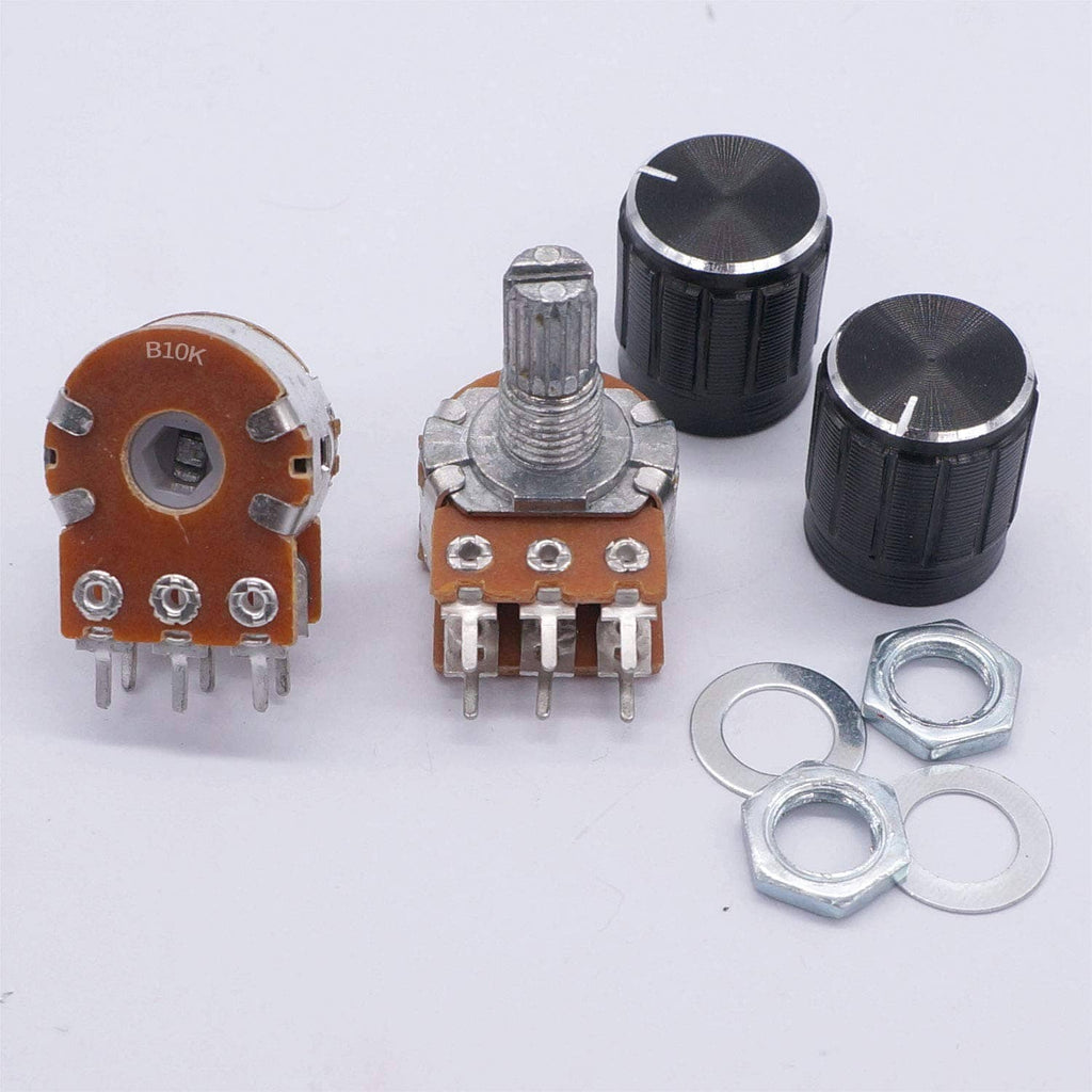 Potentiometer set with black knobs, metal shafts, and silver mounting hardware