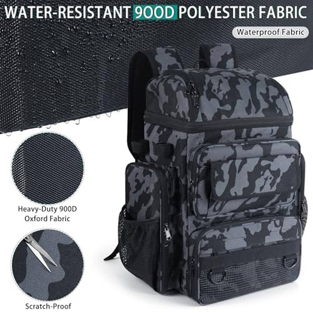 Camouflage black fishing tackle backpack with reinforced front panels and side mesh pocket
