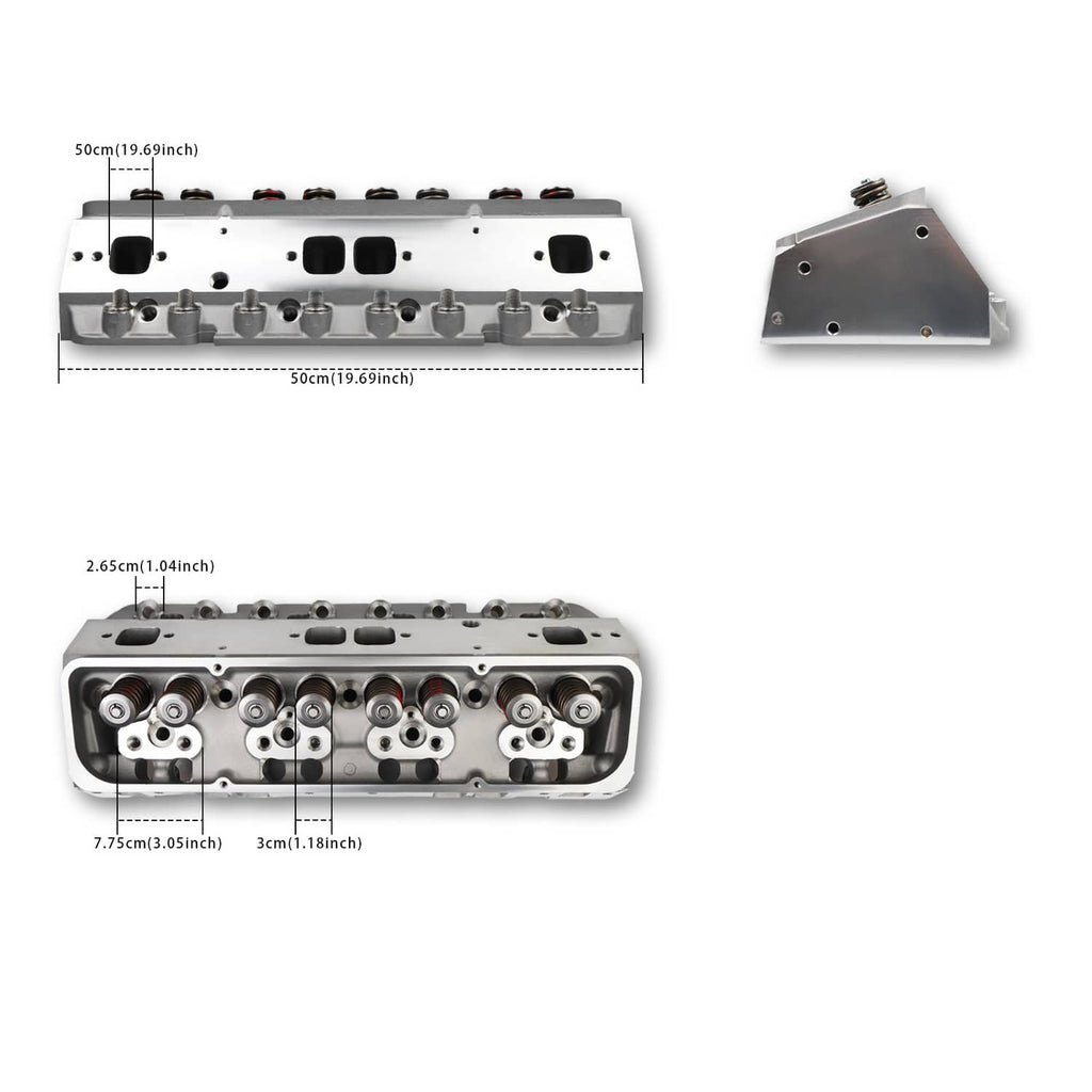 Aluminum cylinder head with valve train components, top and side views included