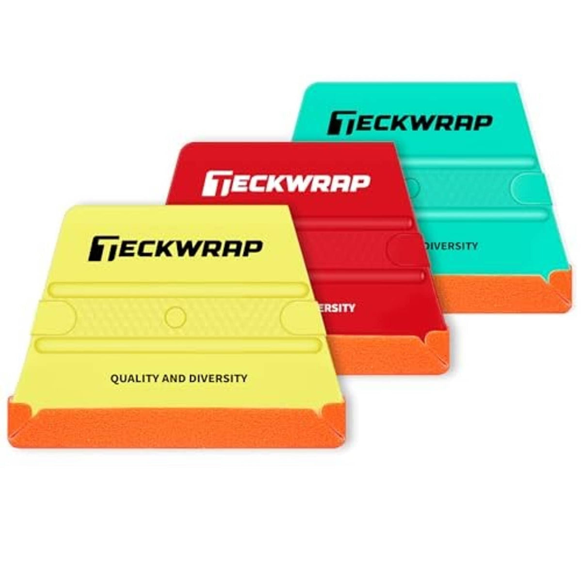 Three trapezoid felt squeegees in teal, red, and yellow with orange bottom strips.