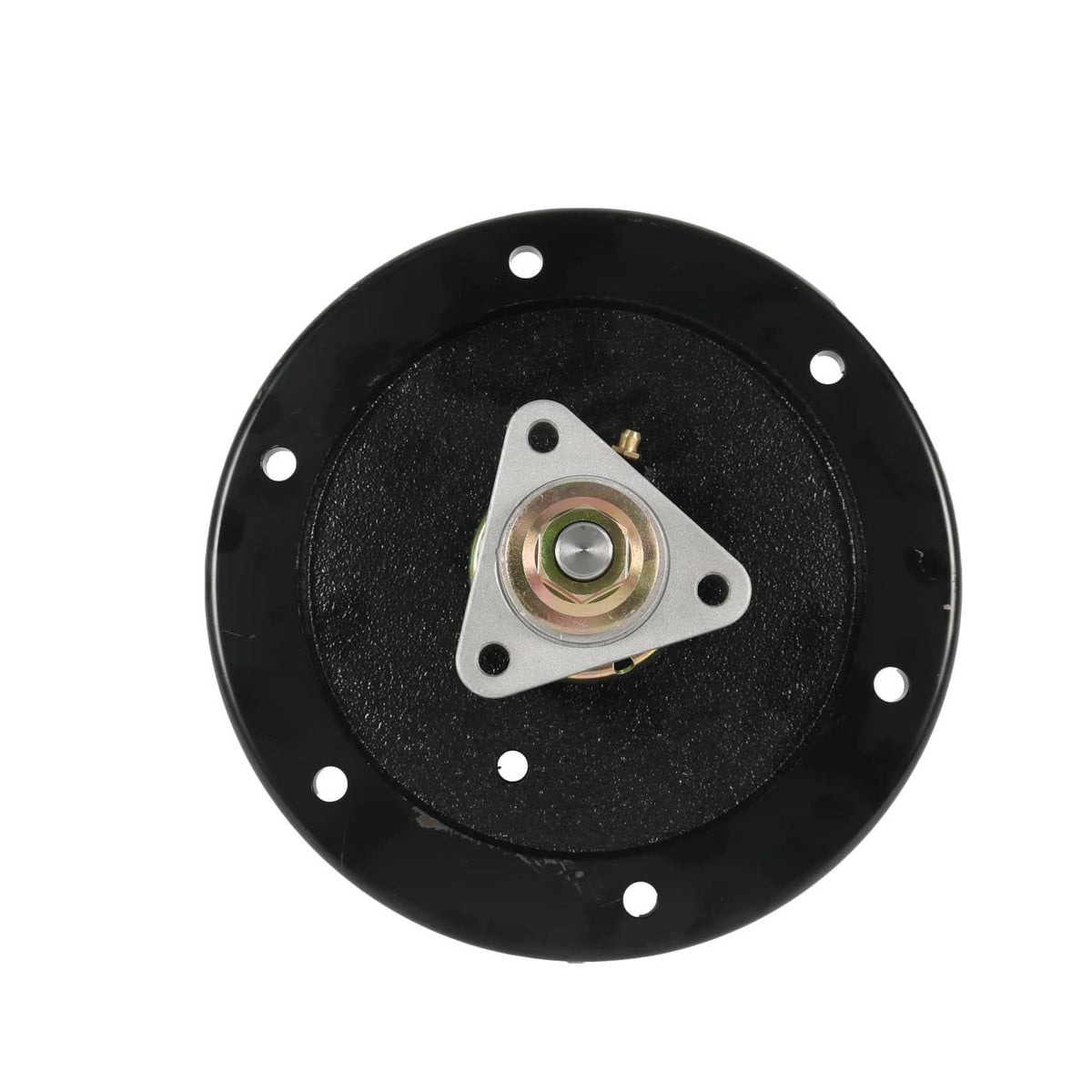 Black spindle base plate with center bearing and four corner mounting holes