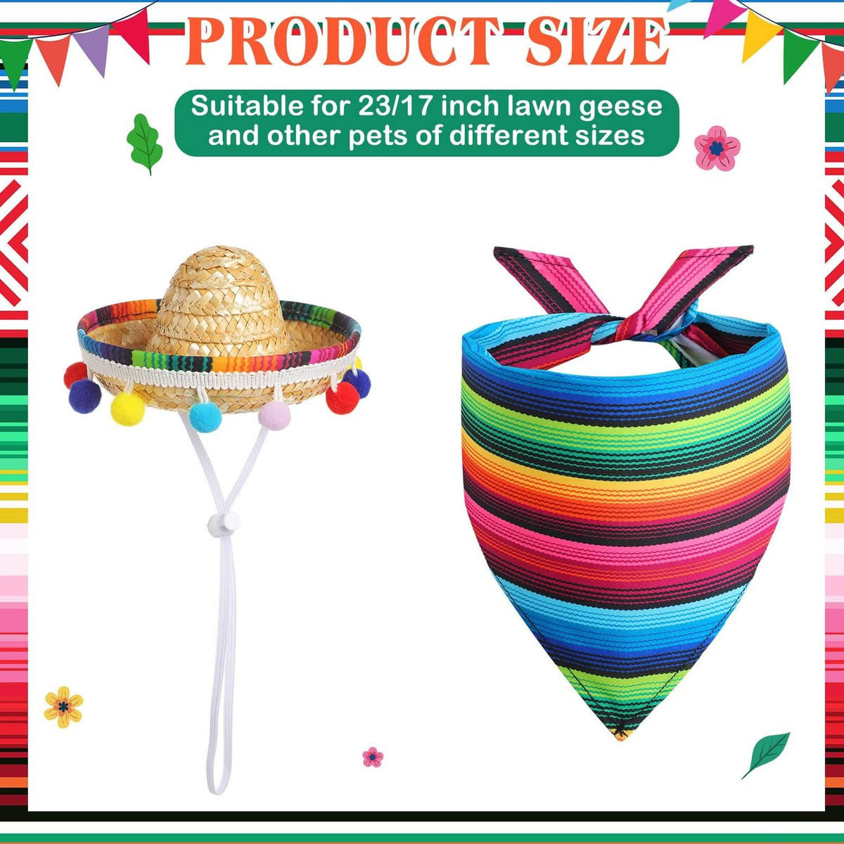 Multicolor striped goose bandana with bow and straw sombrero; pom-pom tassel trim
