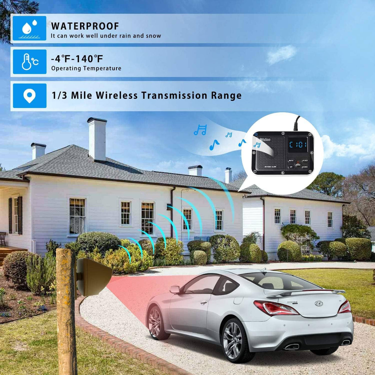 Outdoor wireless solar motion sensor kit with receiver near driveway and car