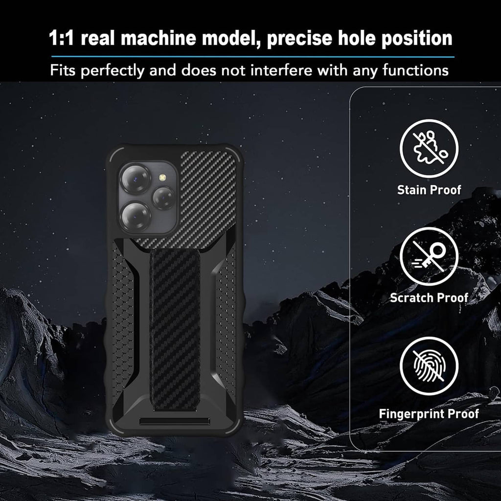 Black rugged phone case with raised edges and textured grip design