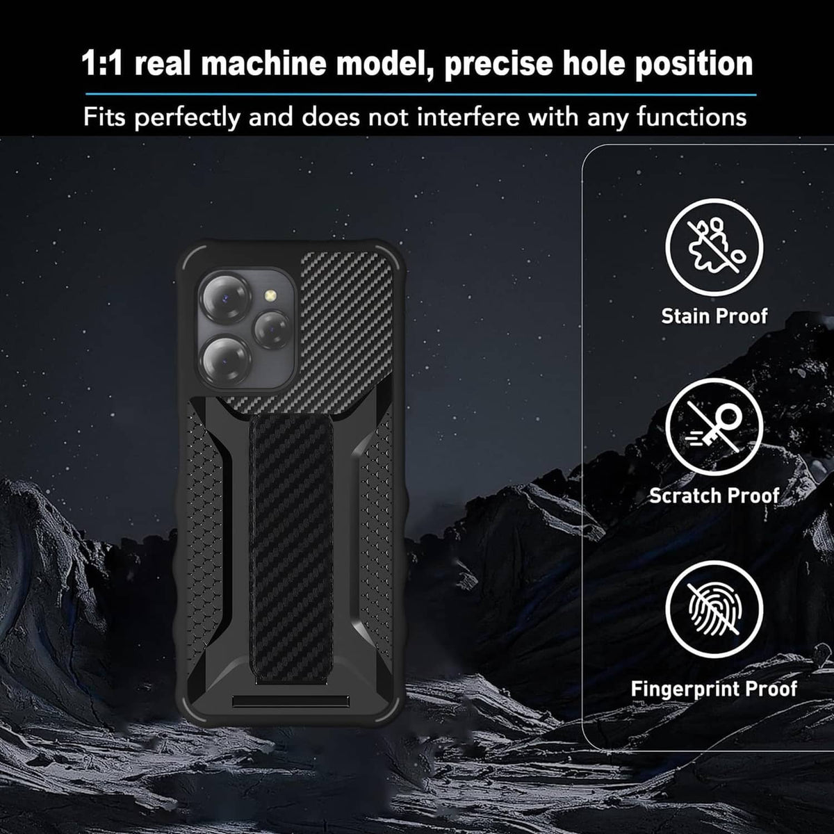 Black rugged phone case with raised edges and textured grip design
