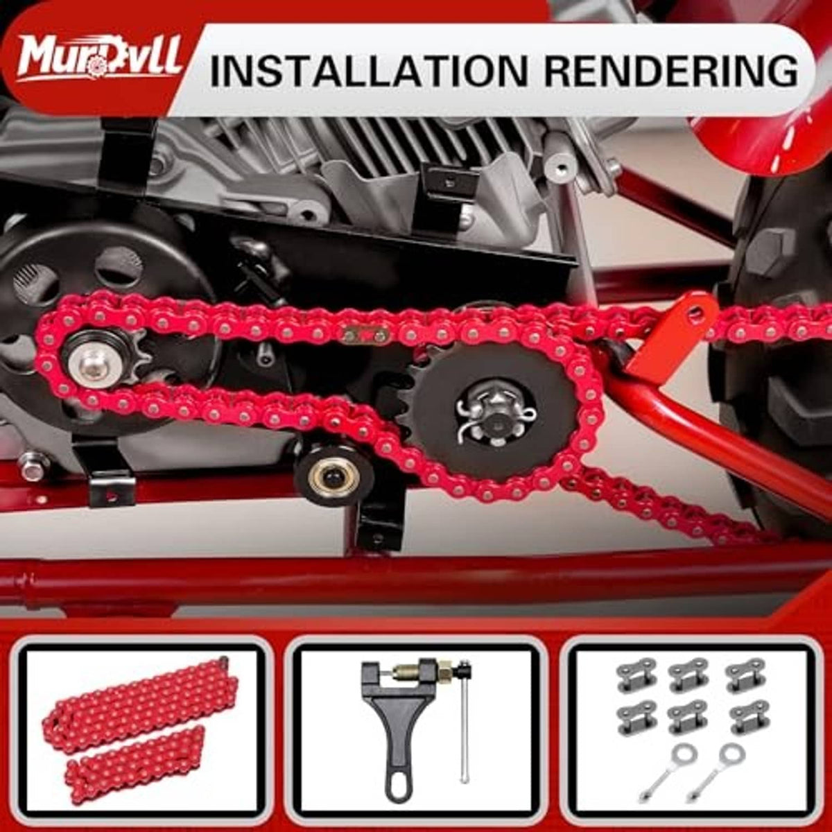 Red 420 chain installed on a mini bike engine with drive sprocket and chain tension points