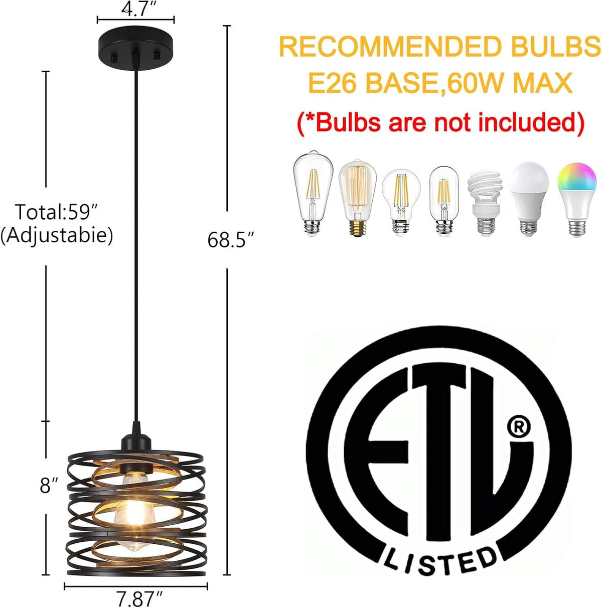 Black adjustable-height pendant light with spiral cage design and size diagram