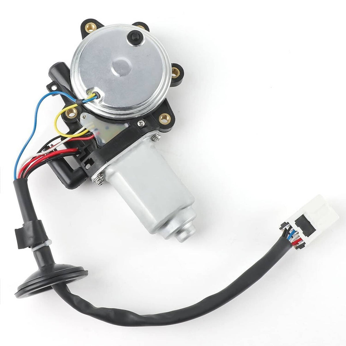 Front power window motor assembly, close-up of round cover, black cables and multi-wire harness