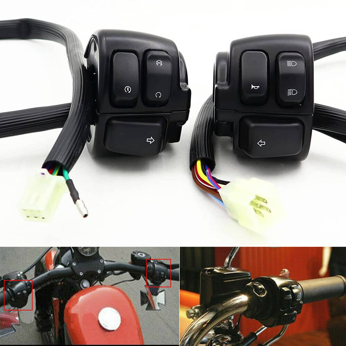 Black handlebar control switches with wiring harness, multi-button rocker switches