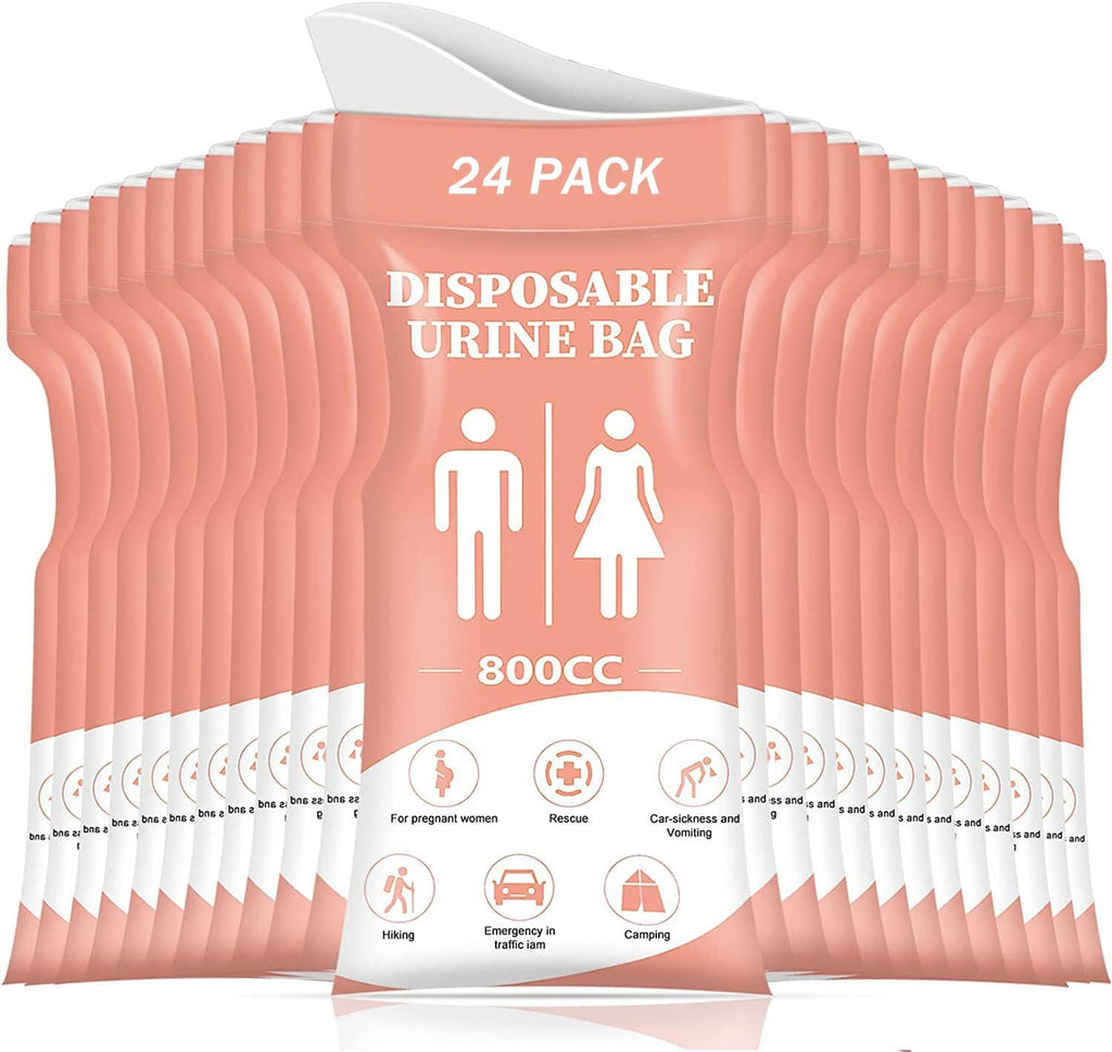 Pink 800cc disposable urine bag, unisex-style pack of 24, with white pictogram icons