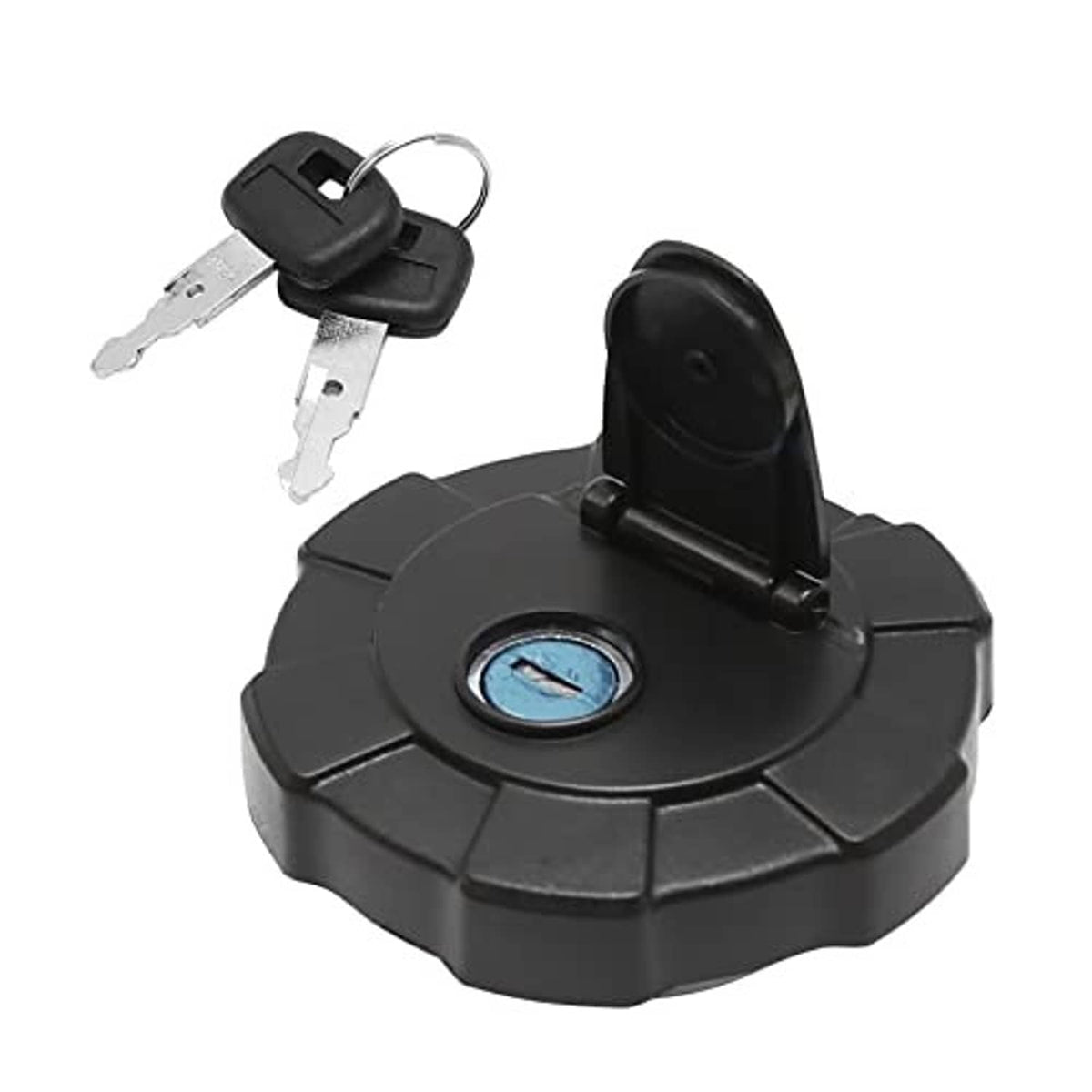 Black fuel cap with two keys and blue lock insert