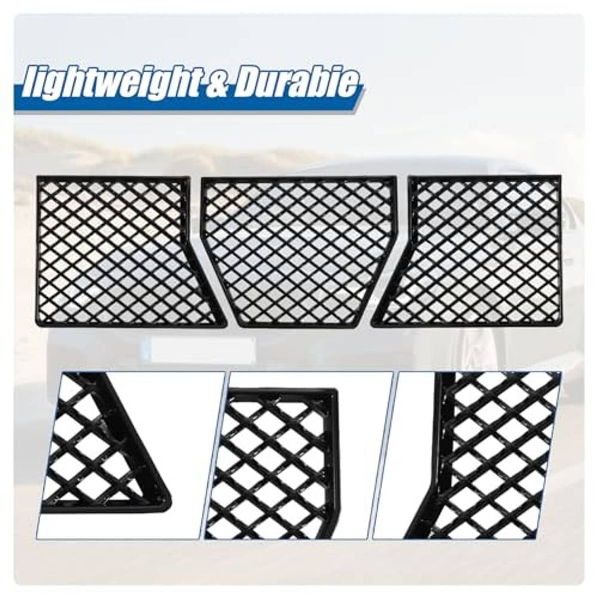 Three-piece black mesh grille insert set with diamond pattern and angled detail views