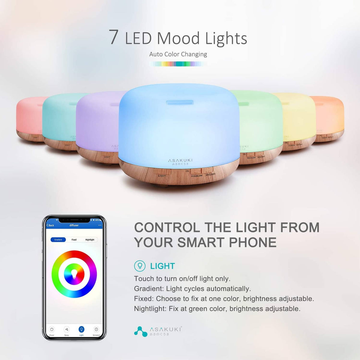 ASAKUKI essential oil diffusers with glowing LED lights in blue and other colors