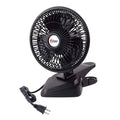 Black desk clip fan with grille and adjustable base, two-speed airflow.