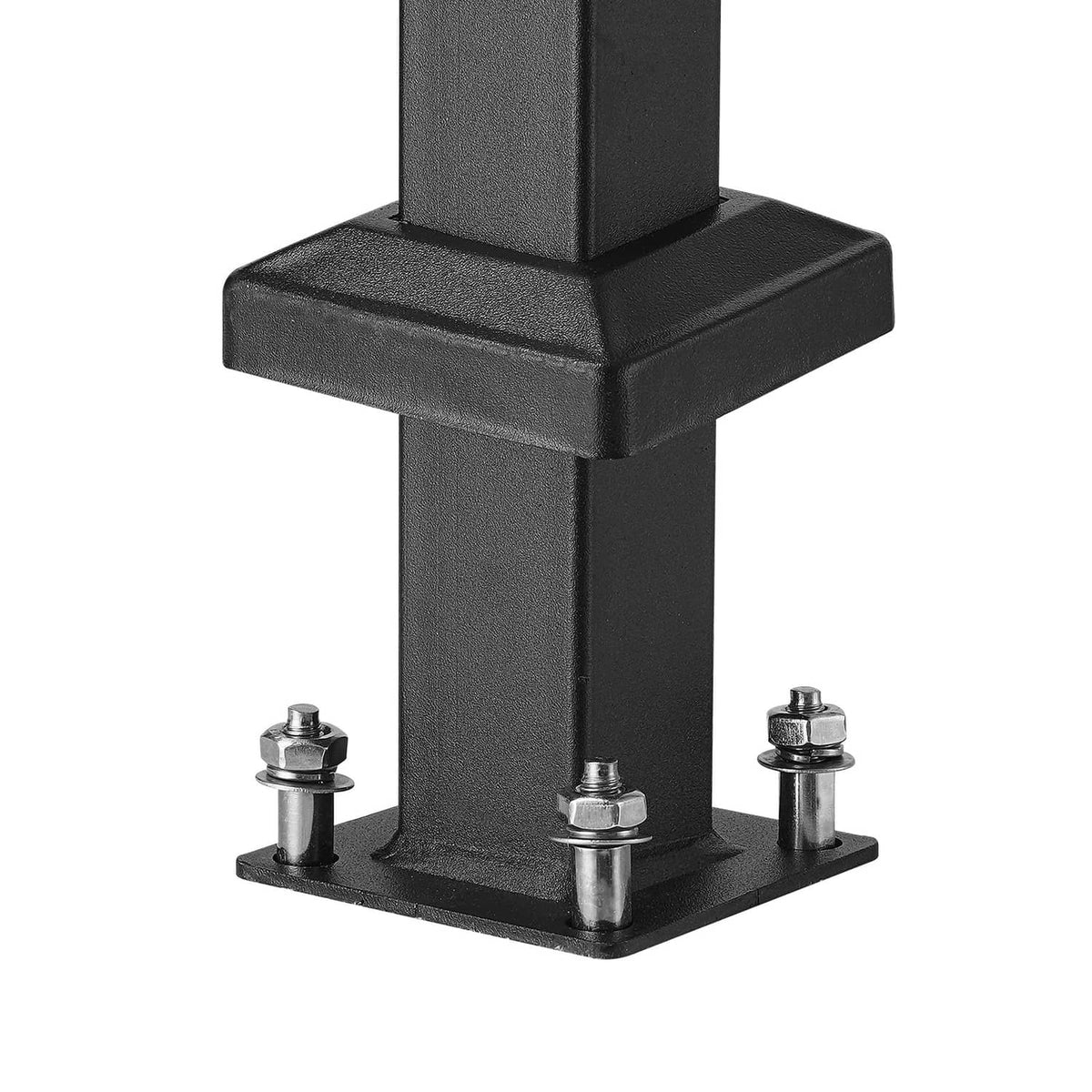 Black outdoor stair handrail post base with mounting bolts and brackets