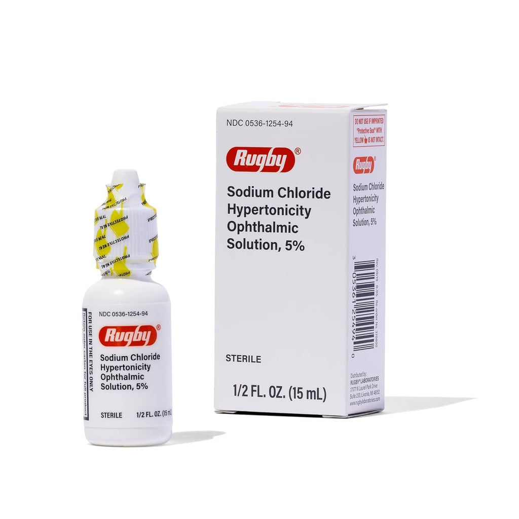 Rugby sodium chloride 5% hypertonicity ophthalmic eye solution bottle and carton.