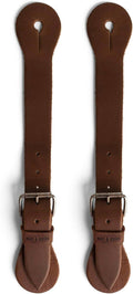 Set of 2 brown leather spur straps with long tops, holes, and metal buckles