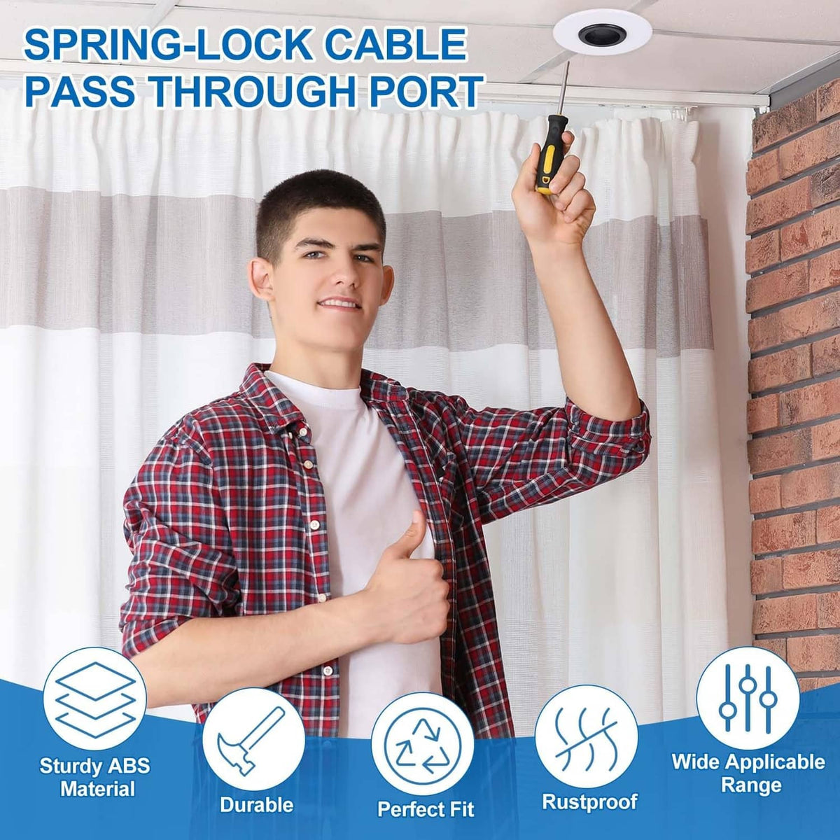 Wall or ceiling cable pass-through port, dark gray round housing with orange spring-lock clips