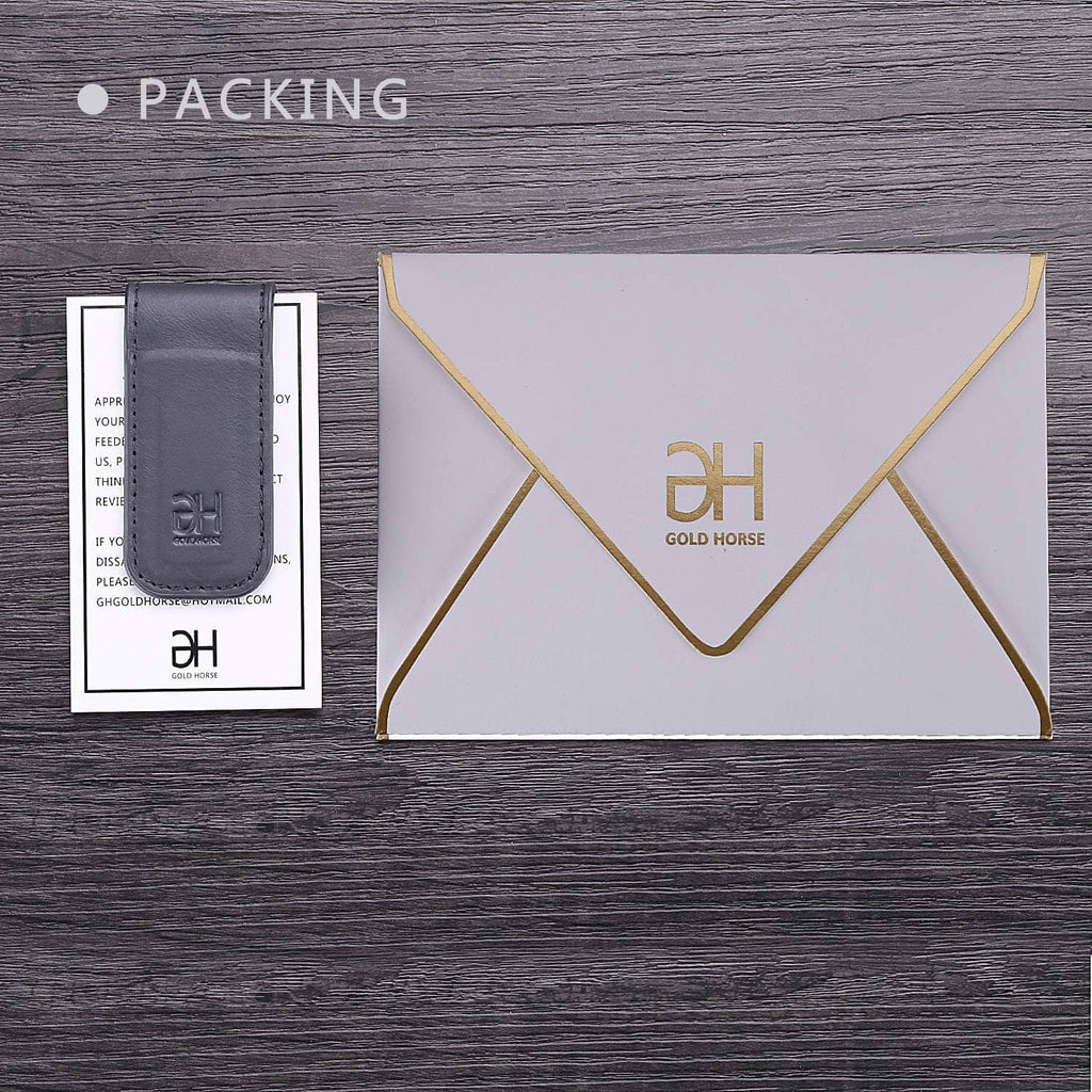 Grey leather magnetic money clip with EH logo, shown with branded envelope and pouch
