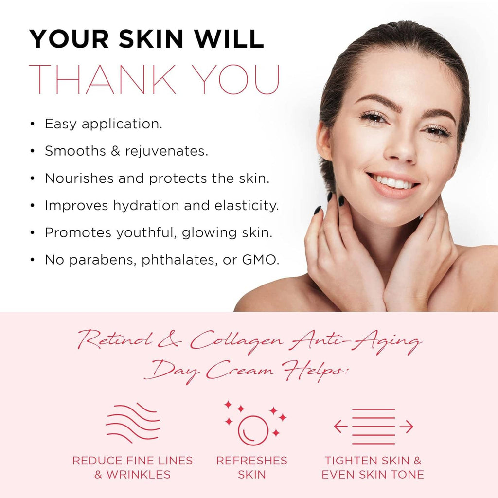 Retinol & collagen anti-aging day cream with model face and skincare benefit text layout