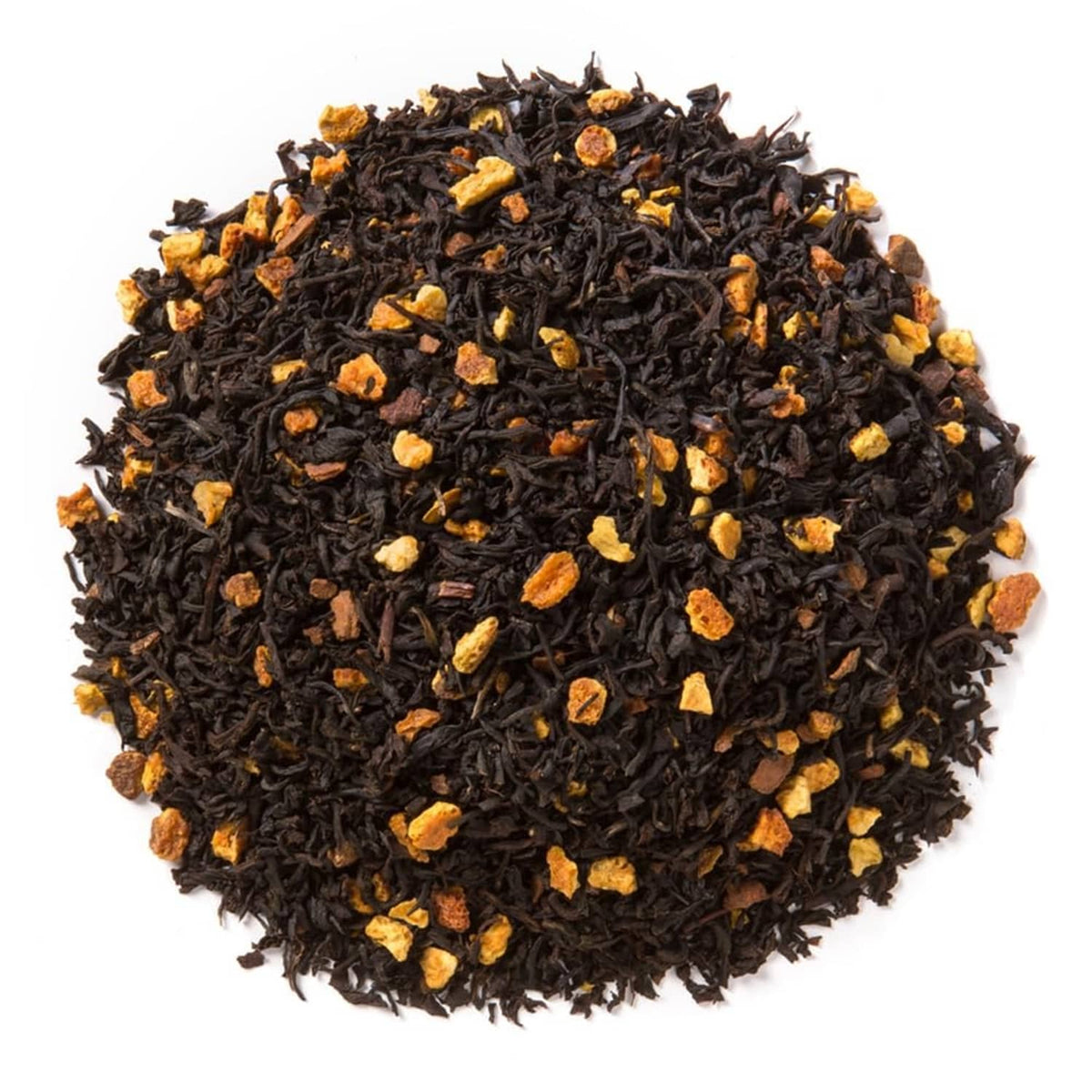 Loose black tea leaves with small orange pieces for Orange Spice tea blend