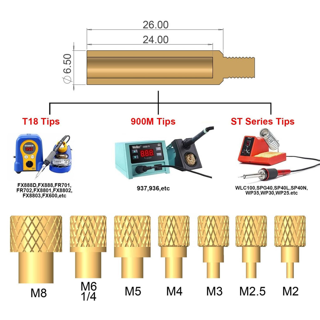 Gold heat-set insert tips and tip profiles for M2.5 to M8 insert sizes