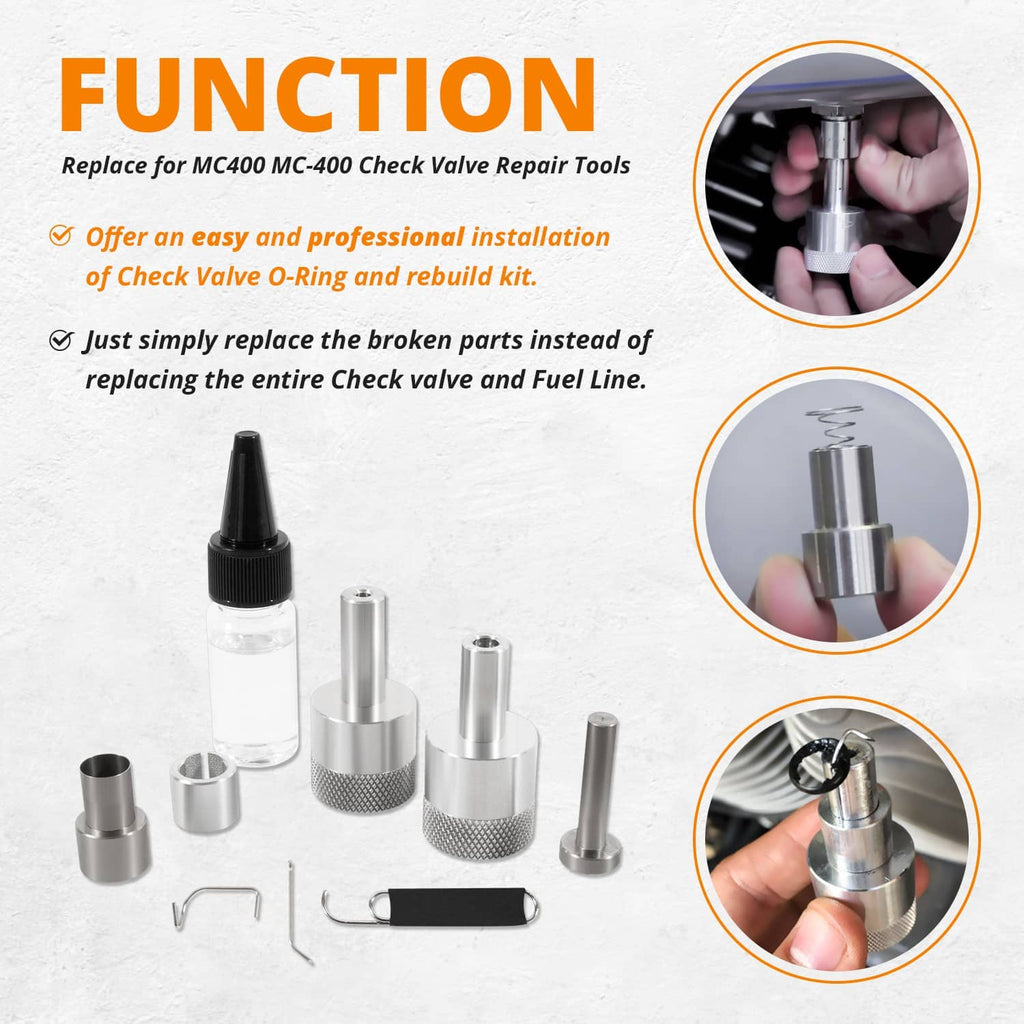 Fuel check valve rebuild tools set with metal removal tools, sleeves, and hook retainers