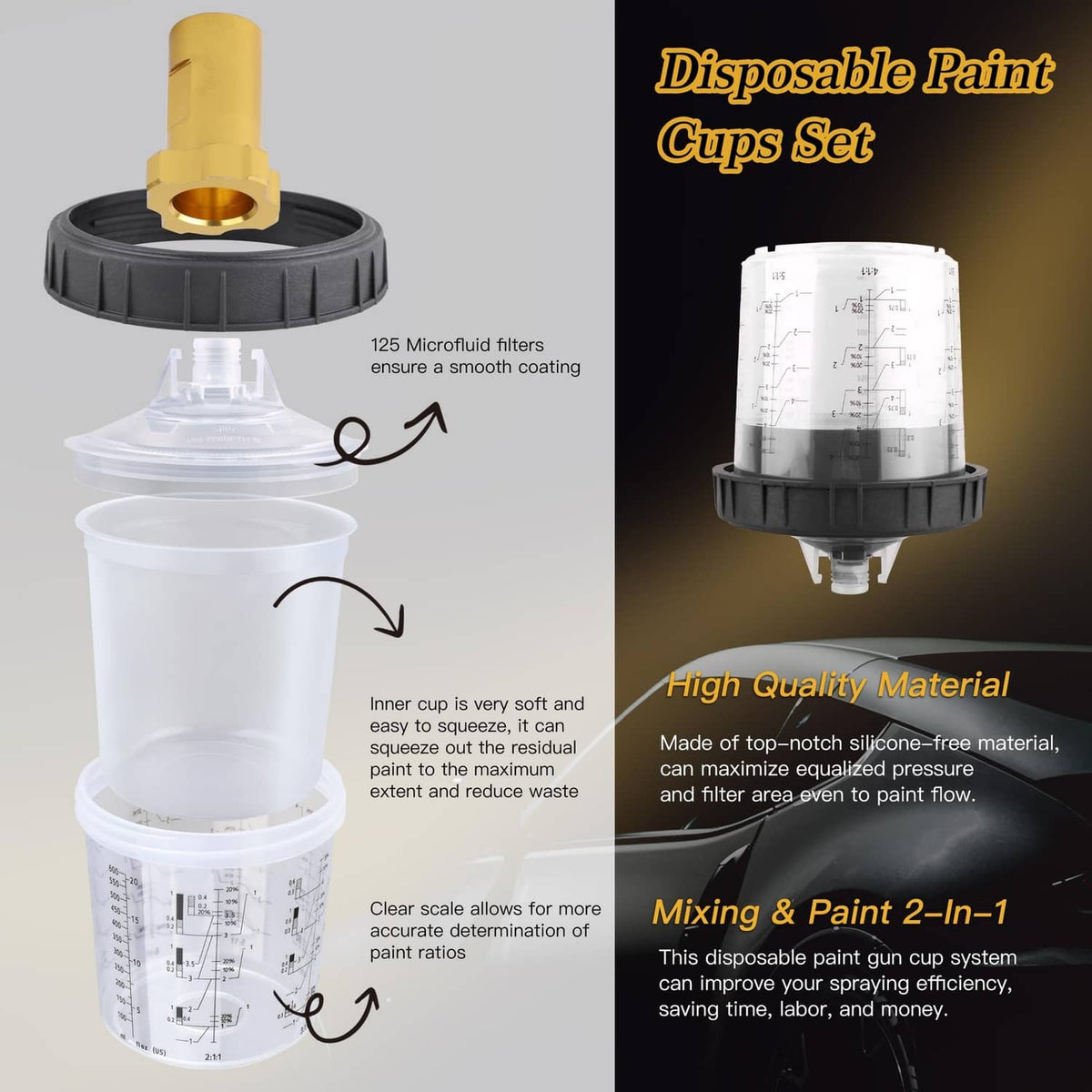 Disposable paint cups set with white 600ML graduated cup and mixing adapter parts