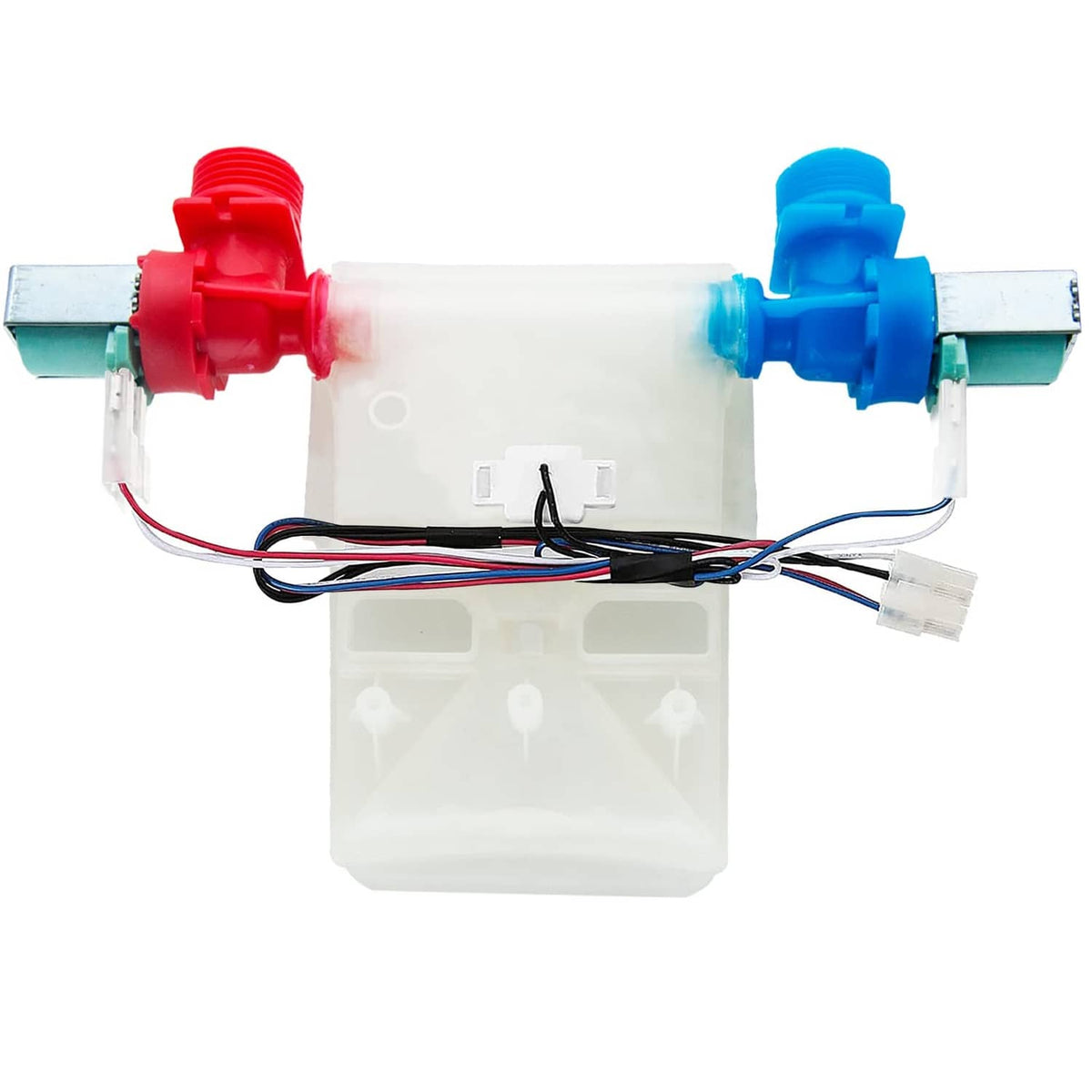 Washer water inlet valve assembly with red and blue inlet ports and wiring harness