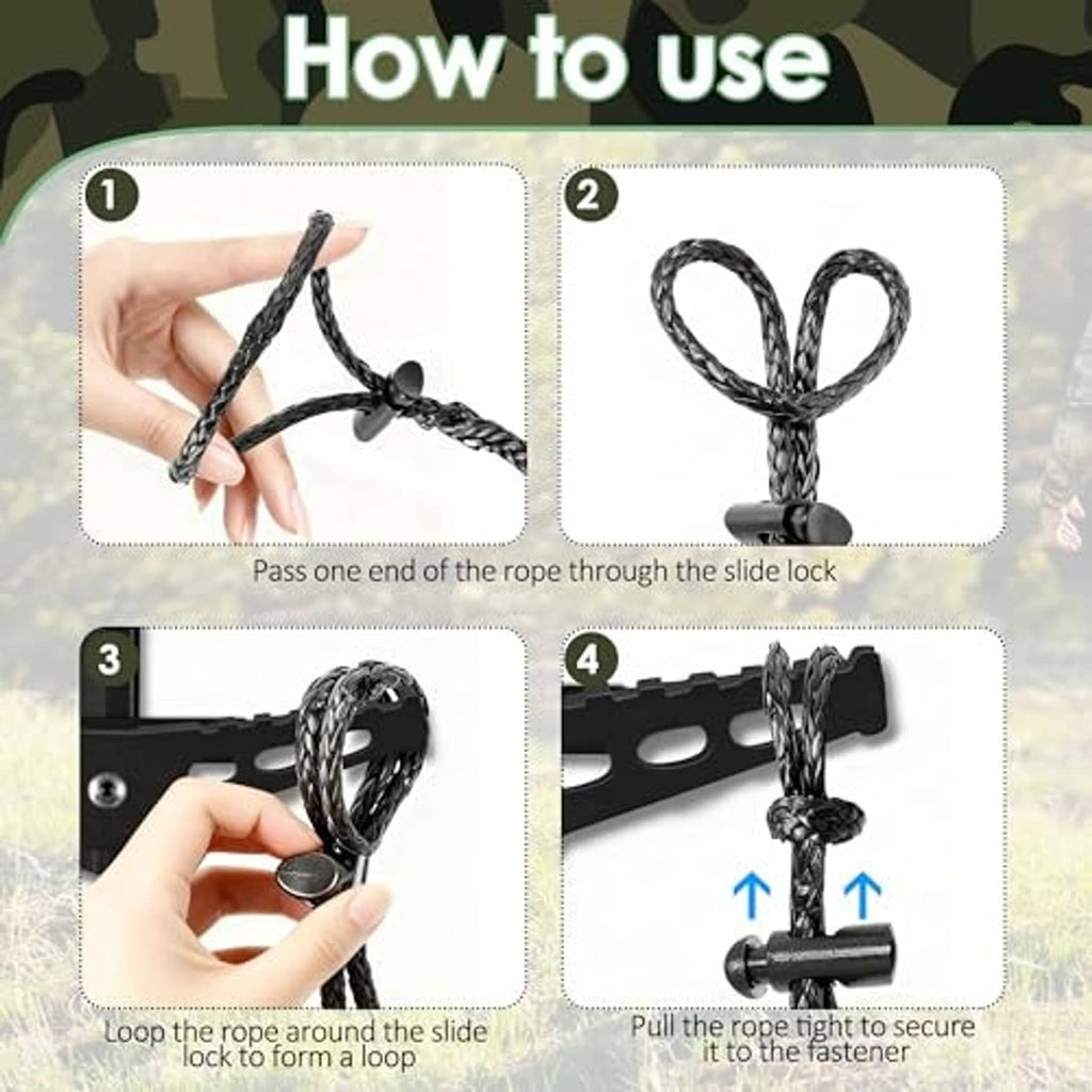 Climbing stick step aide strap shown with slide lock and rope loop fastening steps.