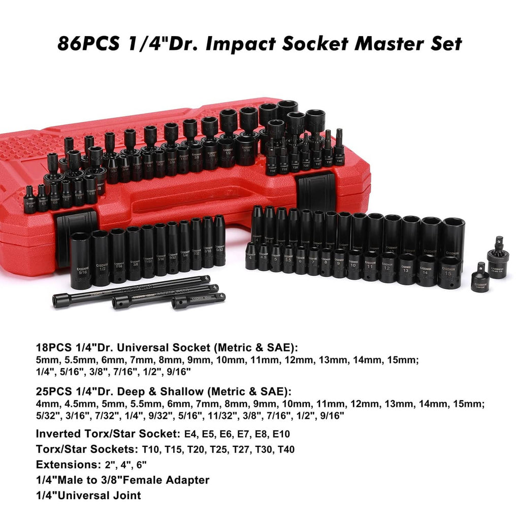 1/4 in drive impact socket master set with adapter and extensions laid in red case
