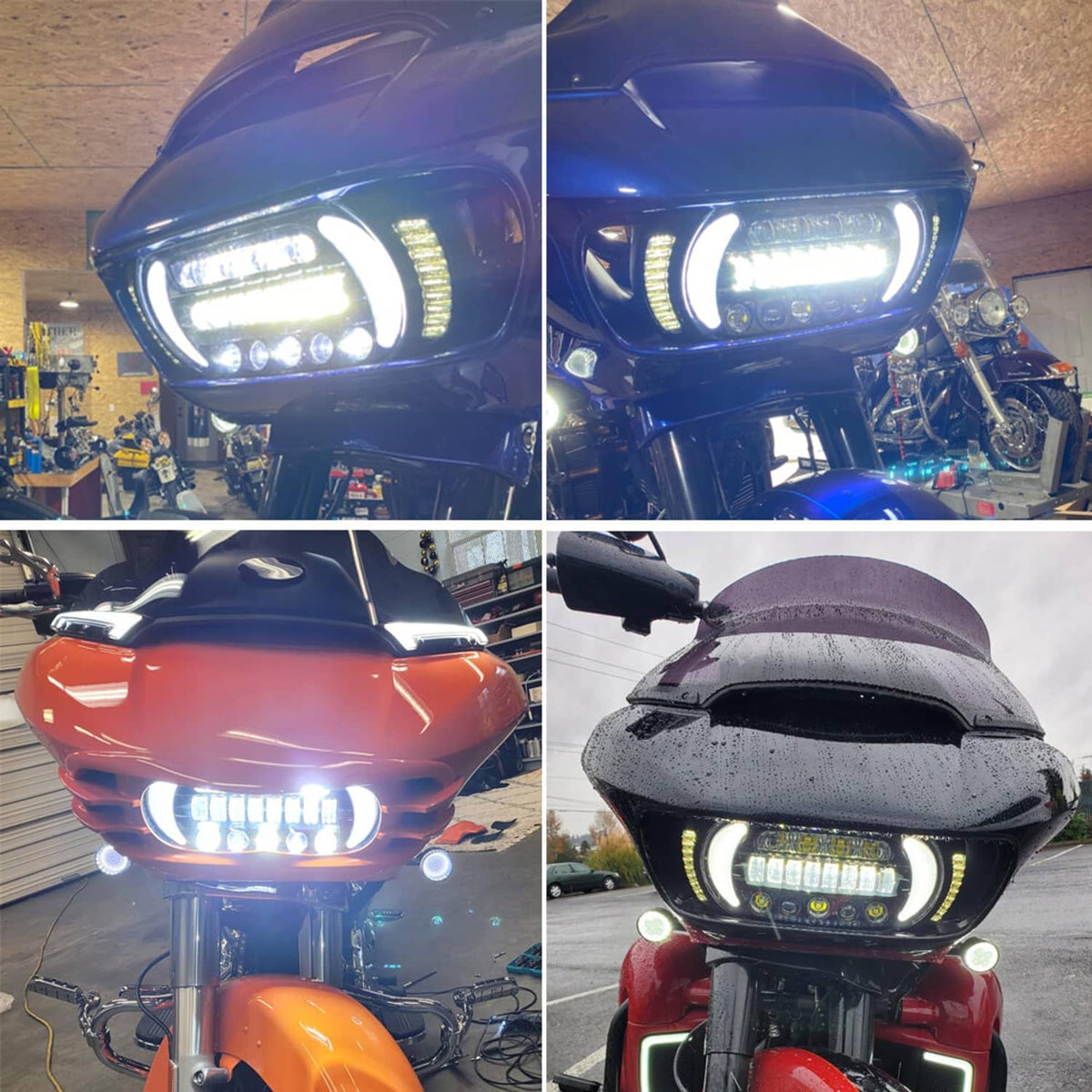 LED headlight lighting in bright white on blue motorcycle front
