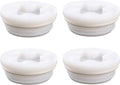 Set of four white plastic bung caps with raised rim and square/hex drive holes