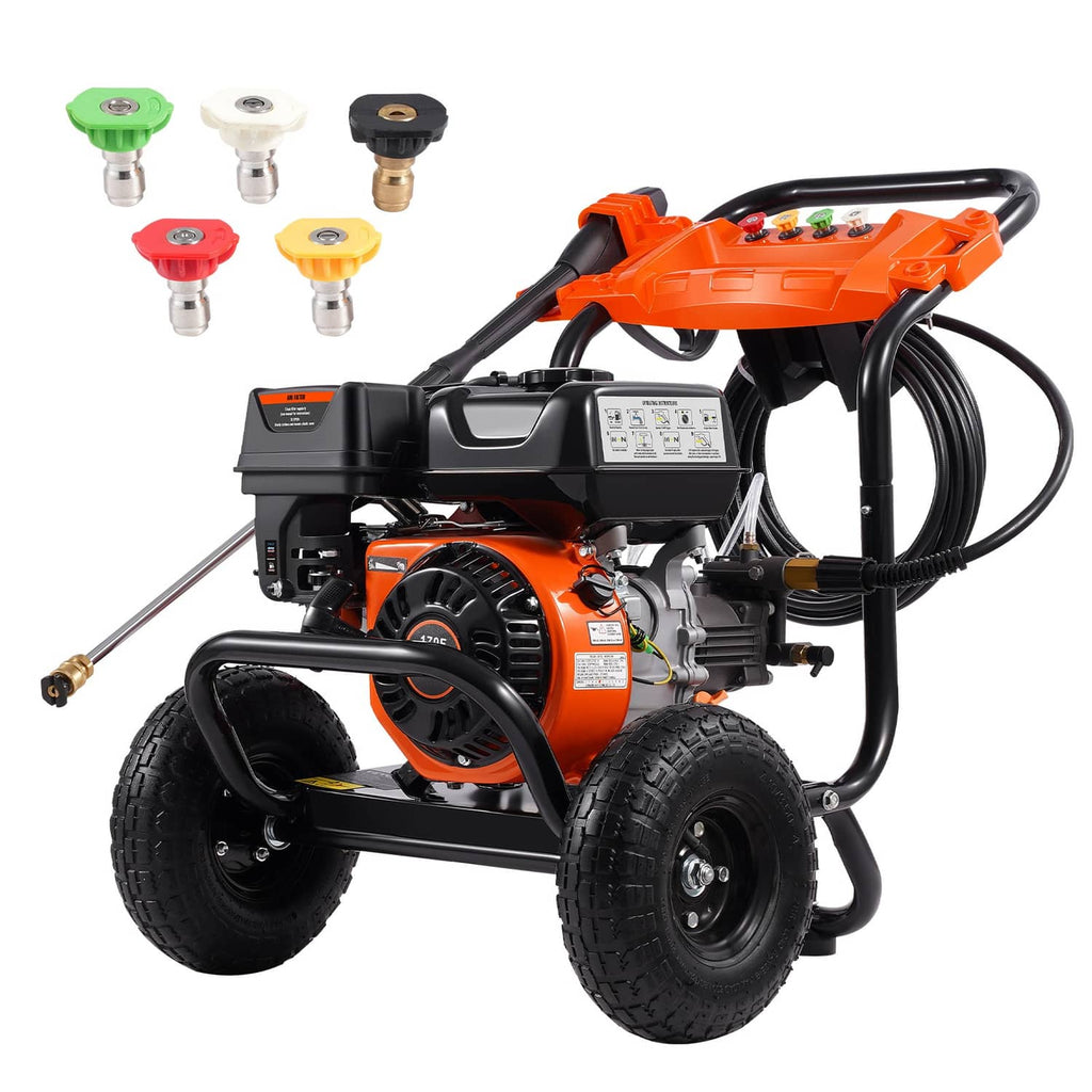 Gas pressure washer with five color nozzles shown above and four-wheel cart frame
