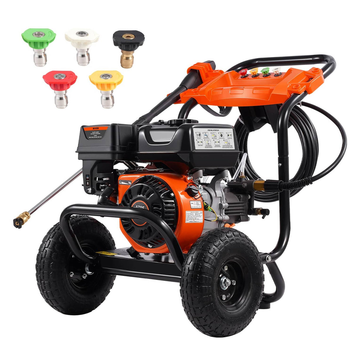 Gas pressure washer with five color nozzles shown above and four-wheel cart frame