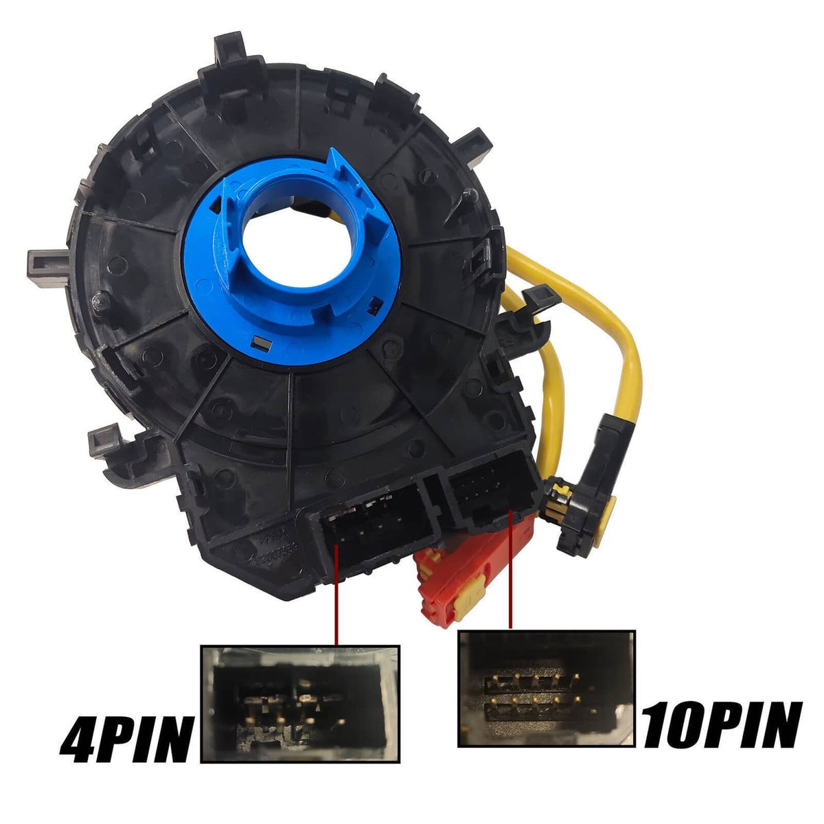 Clock spring spiral cable coil housing with blue center and yellow wire leads
