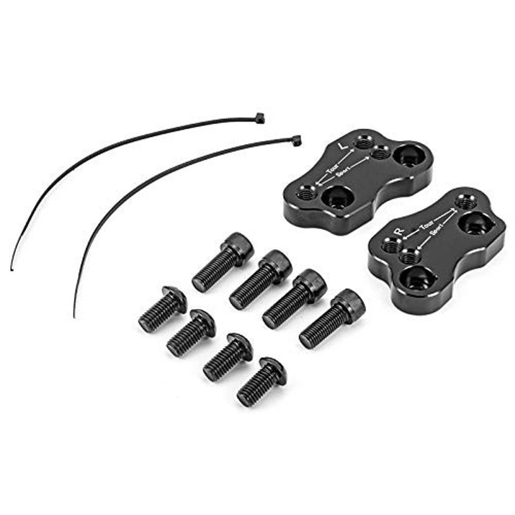 Handlebar riser adapter kit with two dark clamps, multiple bolts, and two curved cables