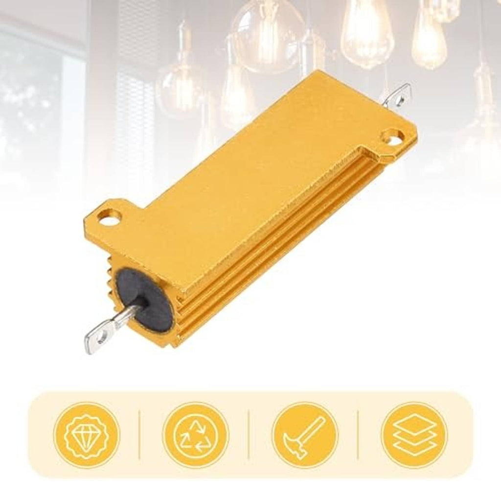 Angled gold aluminum-housing wirewound power resistor with mounting holes and terminals