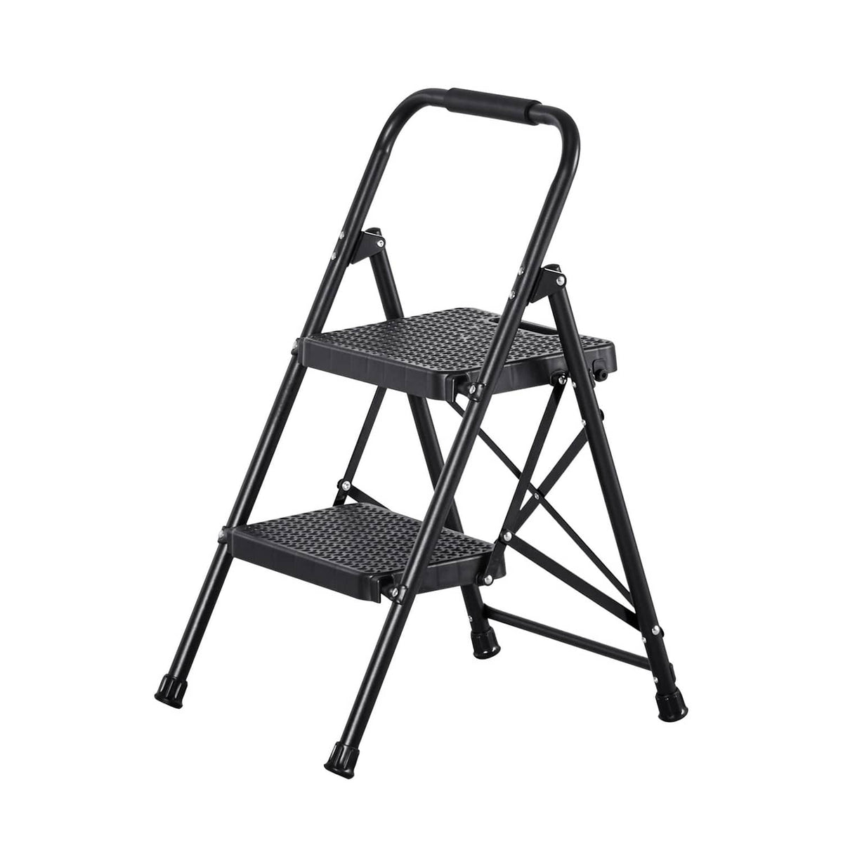 Two-step steel folding ladder with two wide textured steps and black handrail