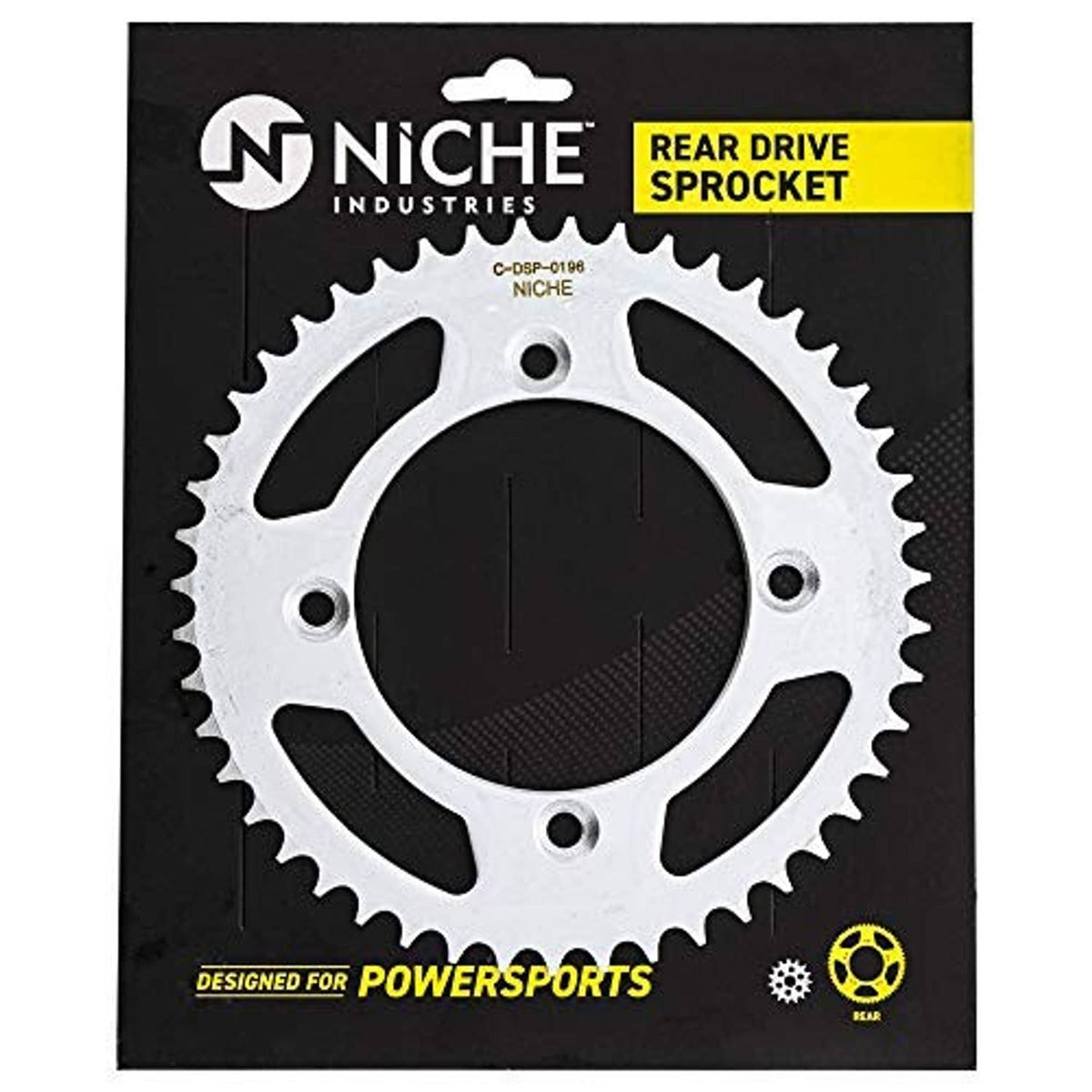Rear drive sprocket set in package with silver sprocket face and black steel teeth