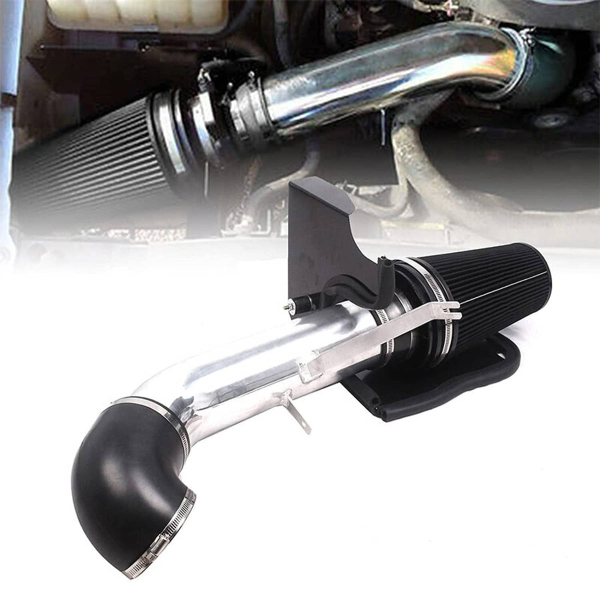 Cold air intake kit with cone air filter, silver intake tube, and black mounting heat shield