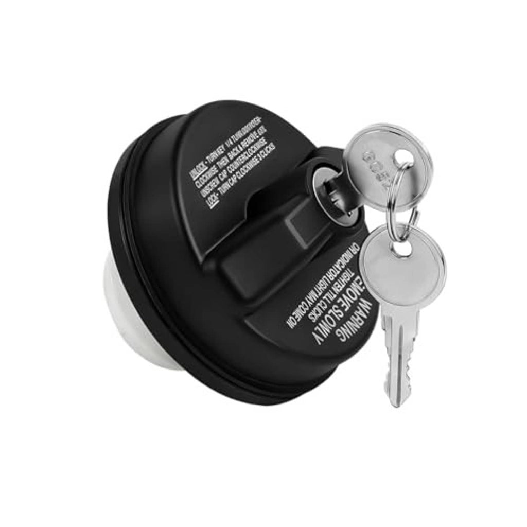 Black locking gas cap with silver key ring and two metal keys