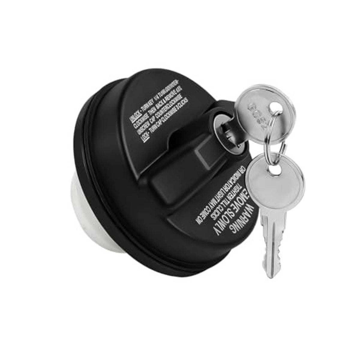 Black locking gas cap with silver key ring and two metal keys
