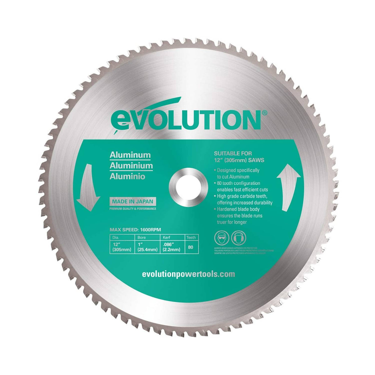 Aluminum cutting saw blade with green label and circular carbide teeth